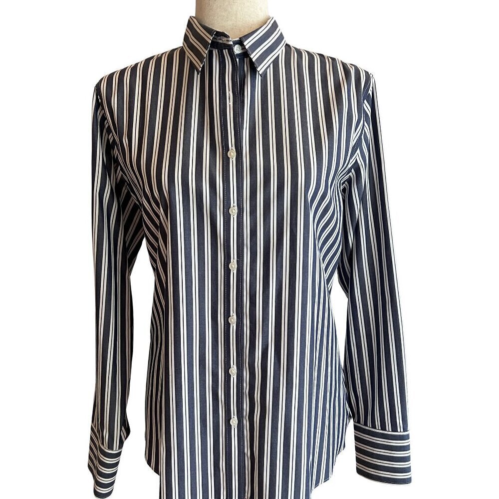 Lands End No Iron Supima Deep Sea/White Stripe 12P